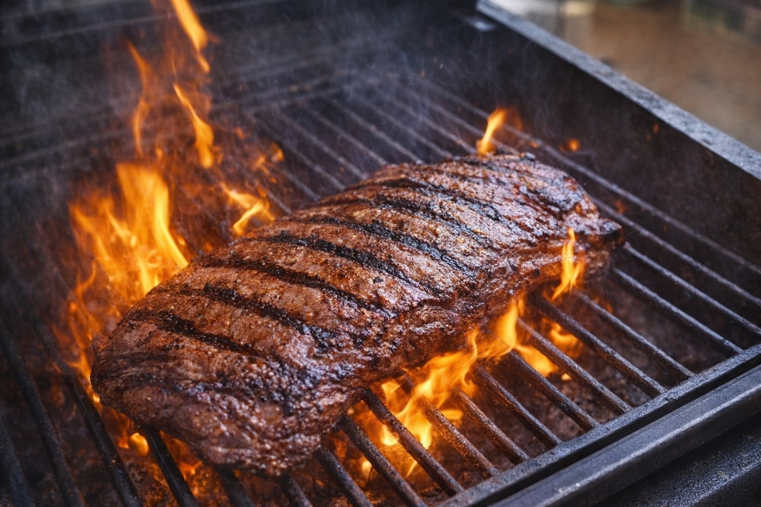 An overhead shot of flank steak grilling on a barbecue, flames licking the sides, creating beautiful sear marks.